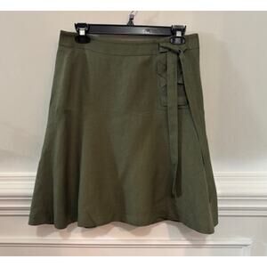 Ann Taylor Skirt A Line Womens Size 4 Linen Lined Olive Green Side Lace Up Sash